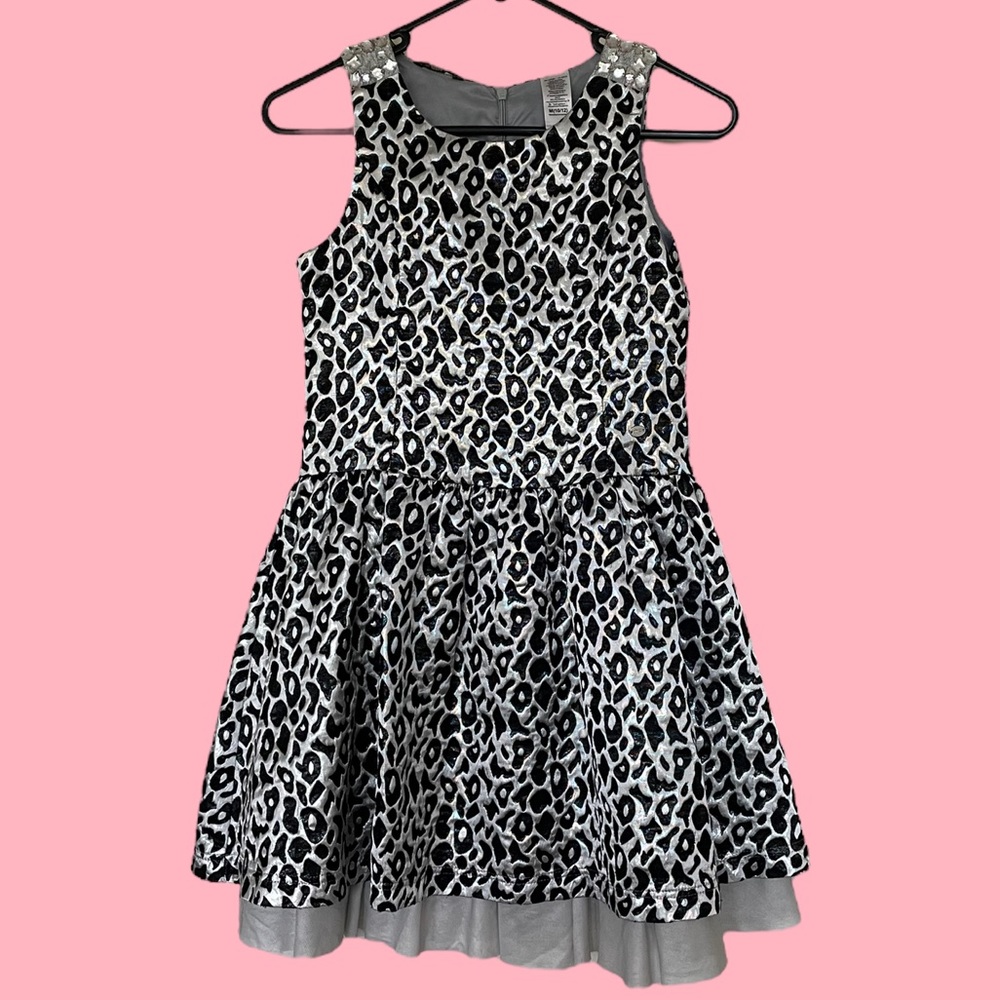 GUESS Kids Sz 10-12 black and silver cheetah print party dress with jewel detail - Picture 1 of 8